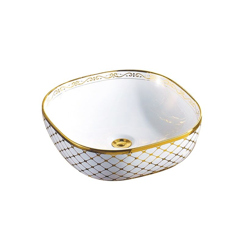 China Hot Sale New Square Electropating Golden Edge Art Basin Hotel MP Ceramic 0343 Luxury square bathroom vanity 4 Sink Porcelain Chinese Basin Colored Wash Basin
