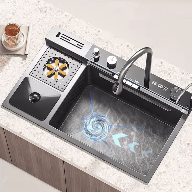 New Sink Waterfall Big Single Bowl Stainless Steel 304 LED Display Smart Sink with Garbage Can 2025 BOOMING New Sink Waterfall Big New Sink Waterfall Big Single Bowl Stainless Steel 304 LED Display Smart Sink with Garbage Can