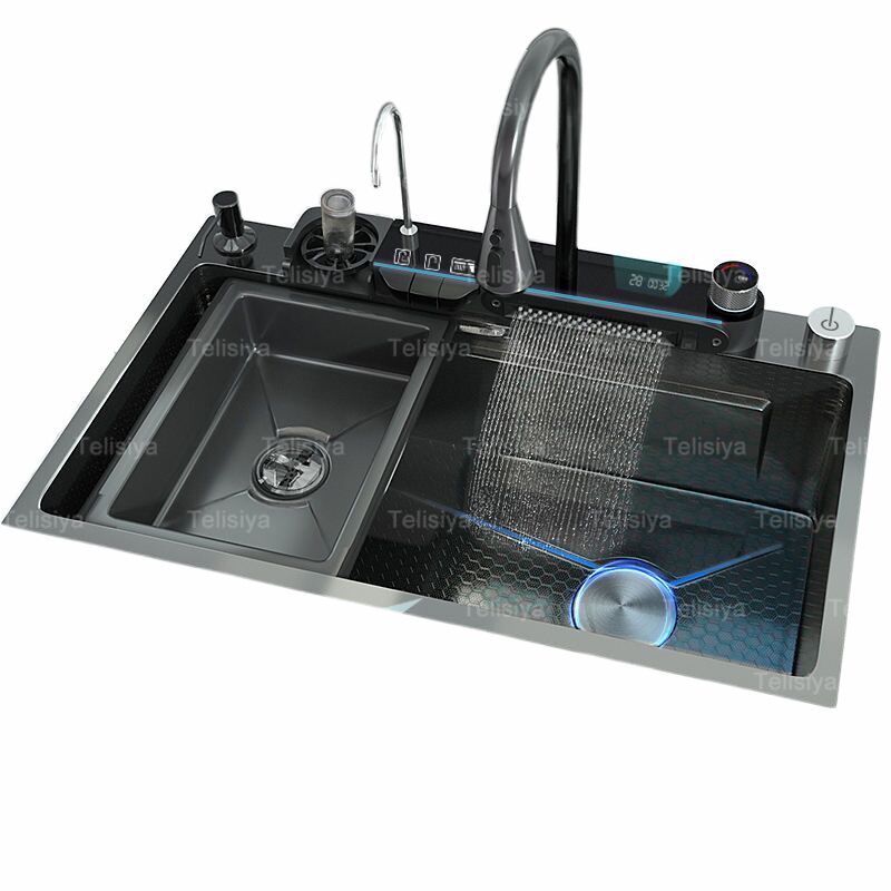 Luxury Kitchen Black Digital Display Large Bowl Sink with Cup Washer and Waterfall Faucet for Hotel Kitchen 2025 Luxury Kitchen Black Digital Display Large Luxury Kitchen Black Digital Display Large Bowl Sink with Cup Washer and Waterfall Faucet for Hotel Kitchen