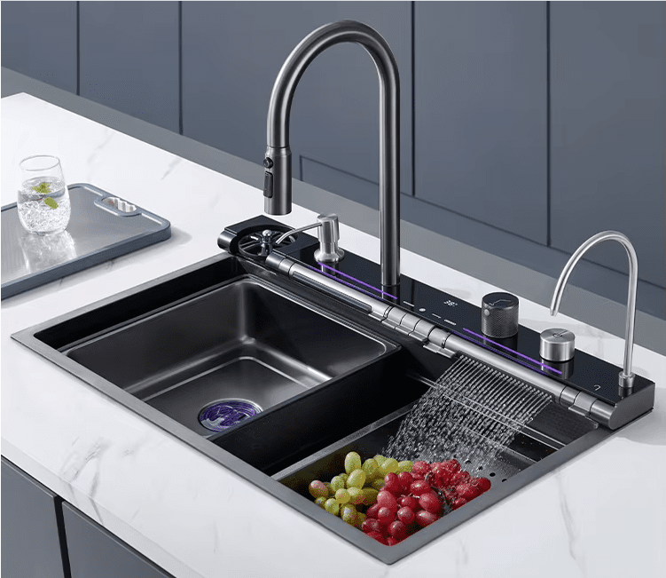 Handmade Sink Kitchen Single Multifunctional LED Digital Display Waterfall Kitchen Sink Accessories 304 Stainless Steel Handmade Sink Kitchen Handmade Sink Kitchen Single Multifunctional LED Digital Display Waterfall Kitchen Sink Accessories