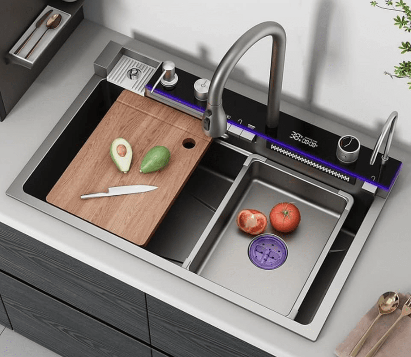 304 Stainless Steel Kitchen Sink Multifunctional Faucet Modern Black Waterfall Rainfall Single Bowl Kitchen Sink Set 304 Stainless Steel Kitchen Sink Multifunctional 304 Stainless Steel Kitchen Sink Multifunctional Faucet Modern Black Waterfall Rainfall Single Bowl Kitchen Sink Set