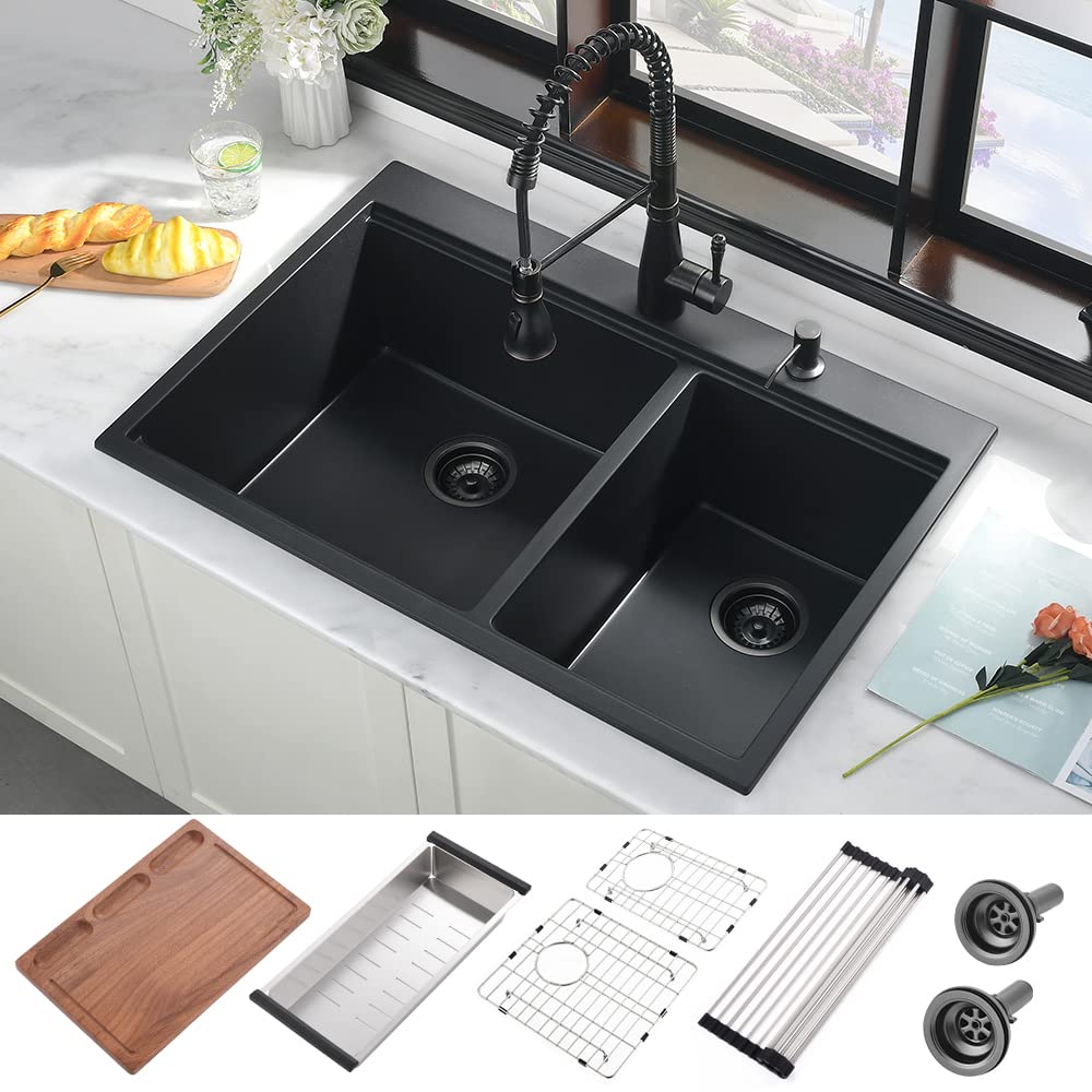 33 Inch Ledge Workstation 60/40 Double Bowl Drop in 16 Gauge Black Stainless Steel Kitchen Sink 33 Inch Ledge Workstation 60 40 Double 33 Inch Ledge Workstation 60/40 Double Bowl Drop in 16 Gauge Black Stainless Steel Kitchen Sink