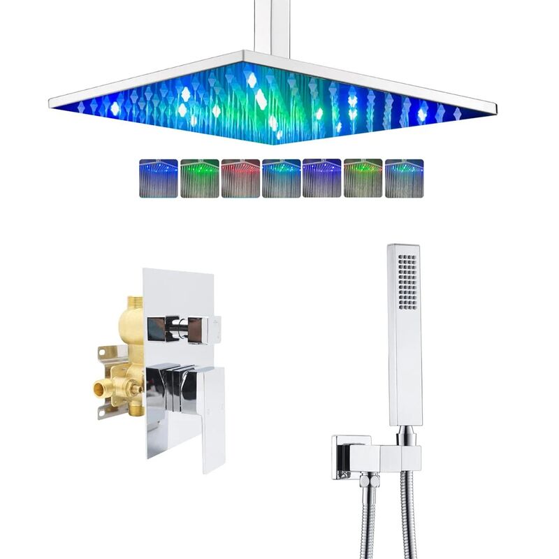7 Colored Led Rain Ceiling Mount Bathroom Shower System Set