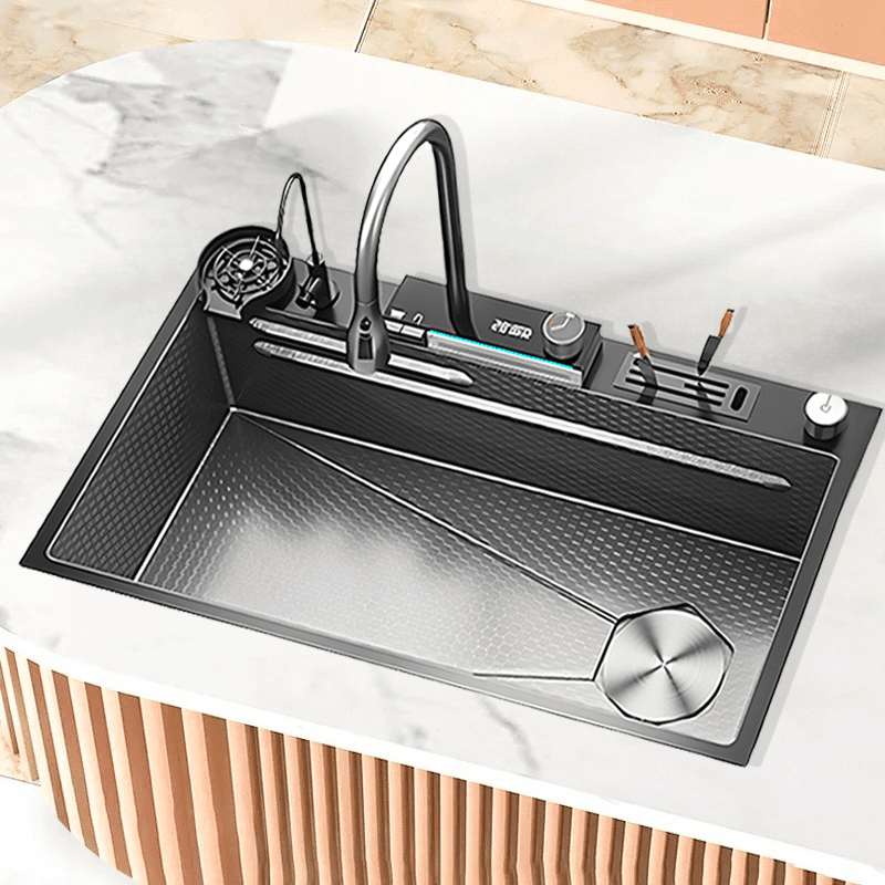 Kitchen Sink with Waterfall Double Faucet Knife Rack Plate and Cup Washer for Hotel Kitchen 9050 Modern Digital Black Large Kitchen Kitchen Sink with Waterfall Double Faucet Knife Rack Plate and Cup Washer for Hotel Kitchen