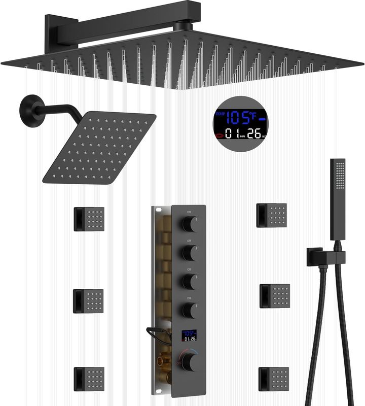 Black Color Shower Set with Digital Display Thermostatic Shower System  with Rainfall Head Bathroom Shower Set