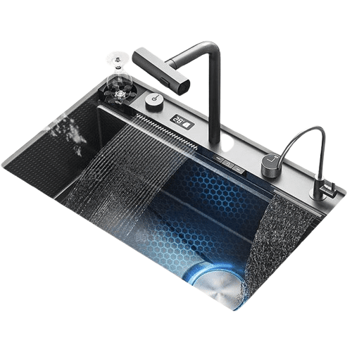 Modern Smart Digital Display Kitchen Stainless Steel Multifunctional Sink with Waterfall Double Faucet and Dishwasher Sink Black Modern Smart Digital Display Kitchen Modern Smart Digital Display Kitchen Stainless Steel Multifunctional Sink with Waterfall Double Faucet and Dishwasher Sink