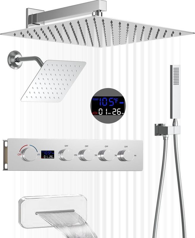 Chrome Color Shower Set with Digital Display Thermostatic Shower Set with Rainfall Head Bathroom Shower Set