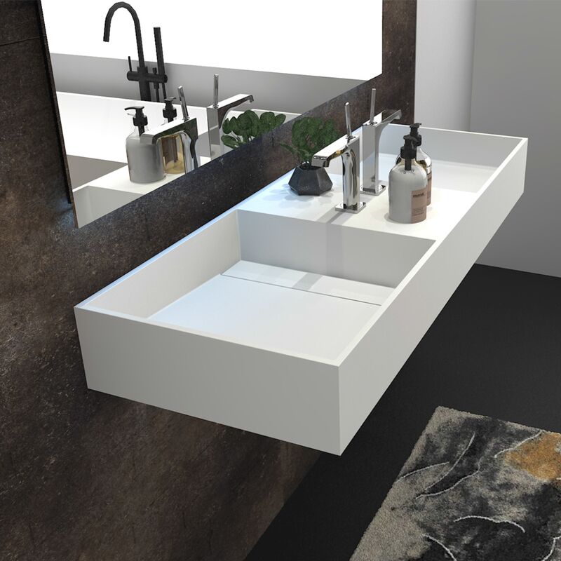 Customized Size Artificial Stone Solid Surface Wall Mounted Bathroom Double Wash Basin Customized Size Artificial Stone Solid Surface Customized Size Artificial Stone Solid Surface Wall Mounted Bathroom Double Wash Basin