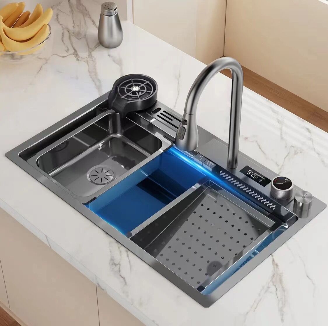 Wholesale LED Digital Display Waterfall Kitchen Sink with Whole Set Accessories SUS304 Stainless Steel Sink Durable Multi Function Single Big Bowl Digital Display Waterfall Kitchen Sink with Whole Set Accessories SUS304 Stainless Steel Durable Multi Function Single Big BowlDisplay Wholesale LED Digital Display Waterfall Kitchen Sink with Whole Set Accessories SUS304 Stainless Steel Sink Durable Multi Function Single Big Bowl