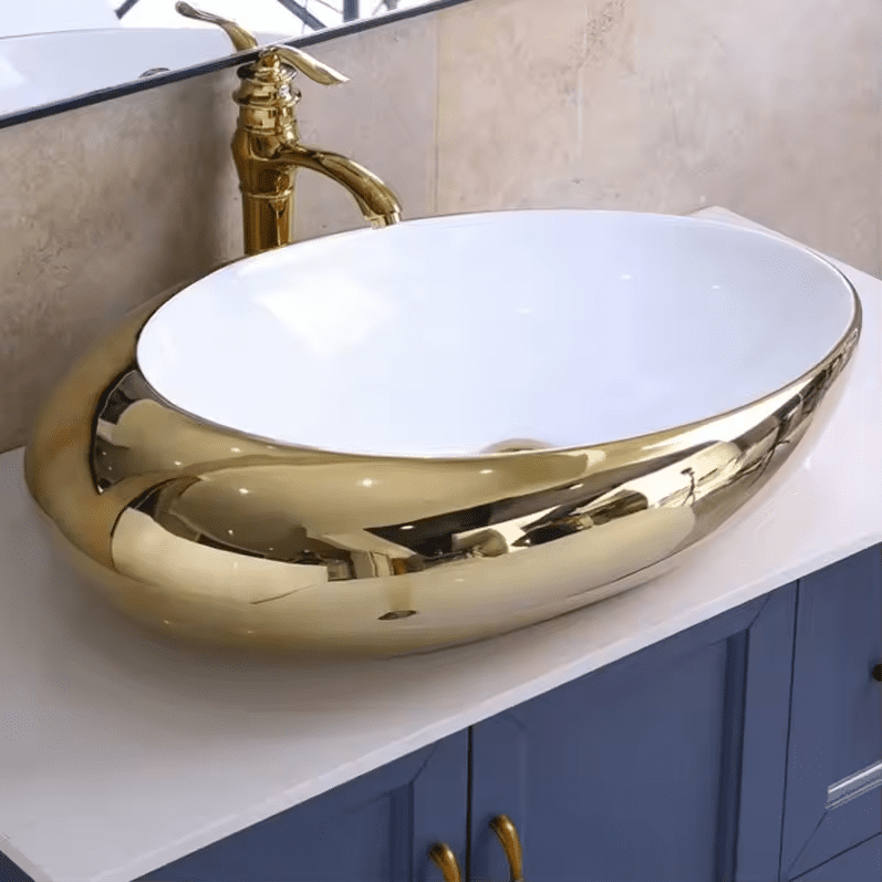 Electroplated Ceramic Oval Art Basins Luxury Custom Colorful Bathroom Above Counter Wash Basin Sinks Electroplated Ceramic Oval Art Basins Luxury Electroplated Ceramic Oval Art Basins Luxury Custom Colorful Bathroom Above Counter Wash Basin Sinks