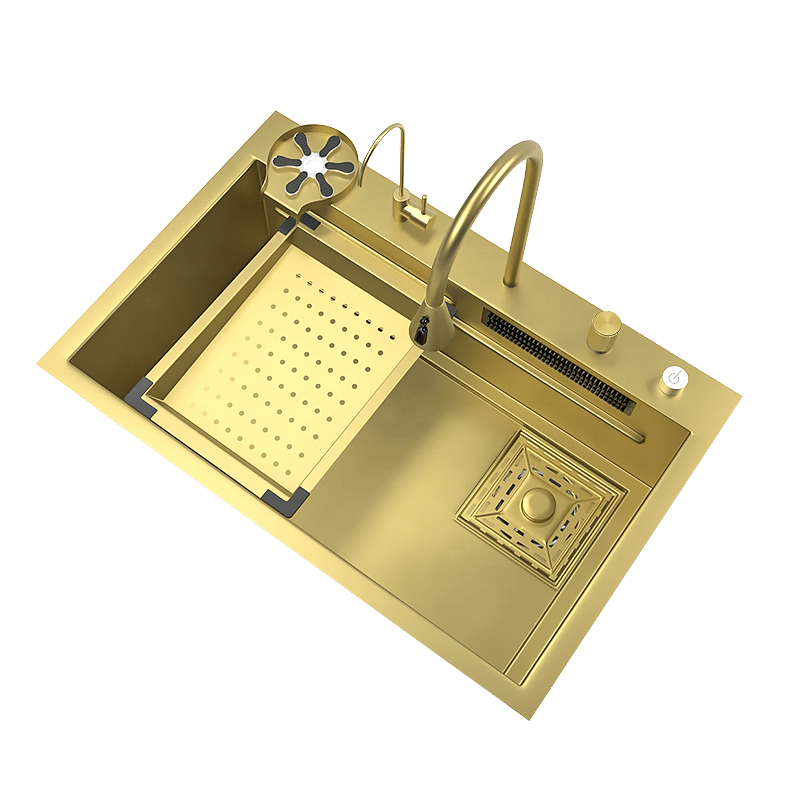 Gold Multifunctional Nano Kitchen Sinks with Cup Washer and Waterfall Faucet Modern 304 Stainless Steel Kitchen Sink Gold Multifunctional Nano Kitchen Sinks with Gold Multifunctional Nano Kitchen Sinks with Cup Washer and Waterfall Faucet Modern 304 Stainless Steel Kitchen Sink