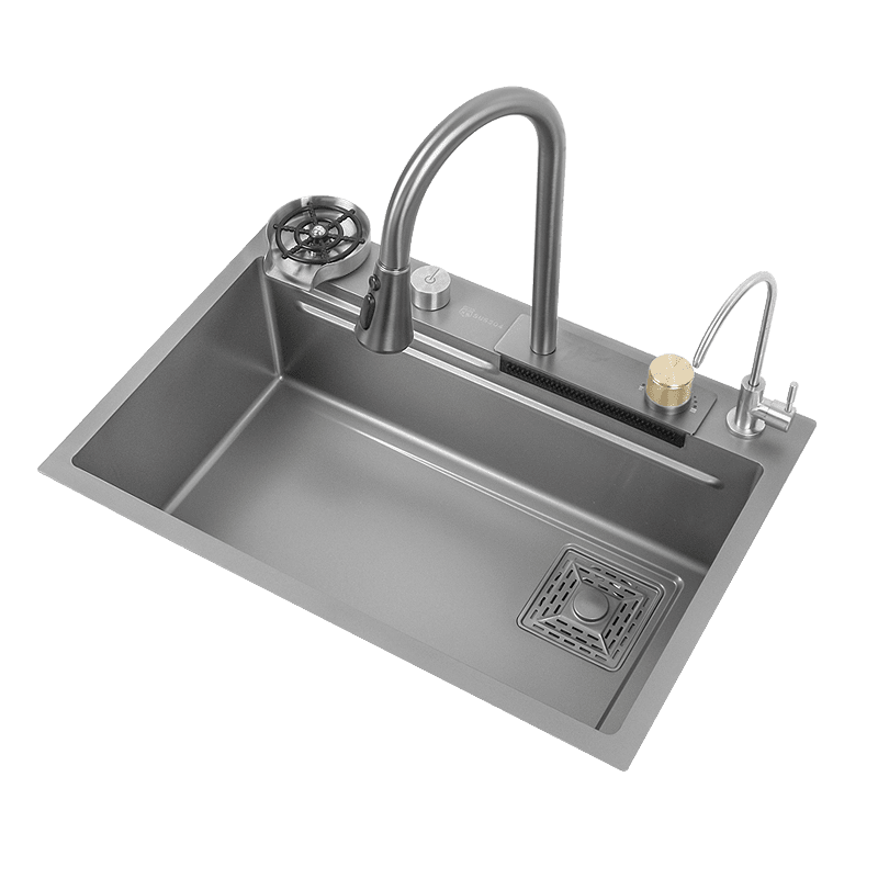 Gun Gray Kitchen Sink with Flying Rain Faucet and Stainless-steel Drain Basket Applicable to Hotel Kitchen Restaurant Gun Gray Kitchen Sink with Flying Gun Gray Kitchen Sink with Flying Rain Faucet and Stainless-steel Drain Basket Applicable to Hotel Kitchen Restaurant