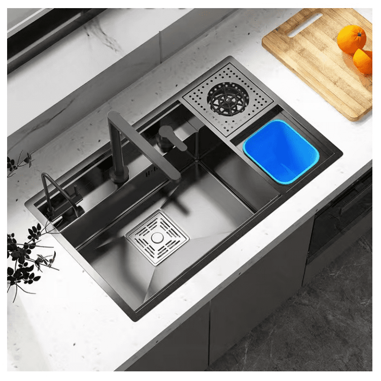 Single Bowl Kitchen Sink Black Multifunctional with Hidden Faucet Trash Can and Three Holes Hot Sale 304 Stainless Steel Single Single Bowl Kitchen Sink Black Multifunctional with Hidden Faucet Trash Can and Three Holes