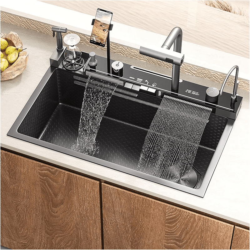 Kitchen Sinks 304 Stainless Steel Kitchen Sink Faucet Modern Black Waterfall Rainfall Single Bowl Kitchen Sink Set Kitchen Sinks 304 Stainless Steel Kitchen Kitchen Sinks 304 Stainless Steel Kitchen Sink Faucet Modern Black Waterfall Rainfall Single Bowl Kitchen Sink Set