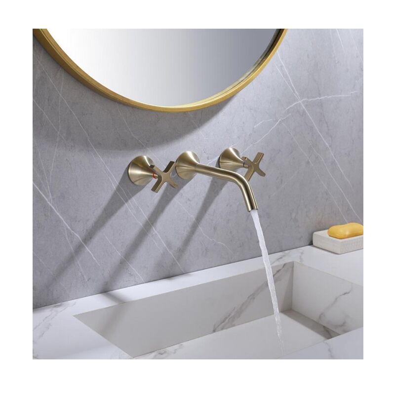 Luxury Bathroom Sink Faucet Dual Handle Wall Mount Washbasin Faucet Copper Brushed Gold Bathroom Mixer Tap Luxury Bathroom Sink Faucet Dual Handle Wall Luxury Bathroom Sink Faucet Dual Handle Wall Mount Washbasin Faucet Copper Brushed Gold Bathroom Mixer Tap