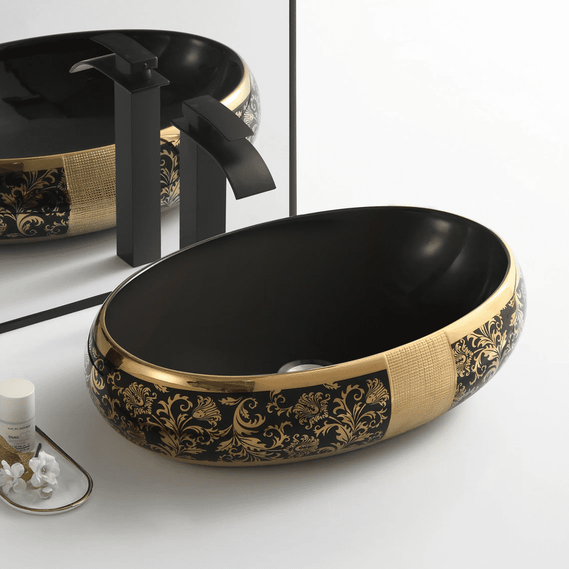 Luxury Design Black Gold Ceramic Sanitary Ware Large Above Counter Sinks Long Oval Gold Pattern Bathroom Basin Luxury Design Black Gold Ceramic Sanitary Luxury Design Black Gold Ceramic Sanitary Ware Large Above Counter Sinks Long Oval Gold Pattern Bathroom Basin
