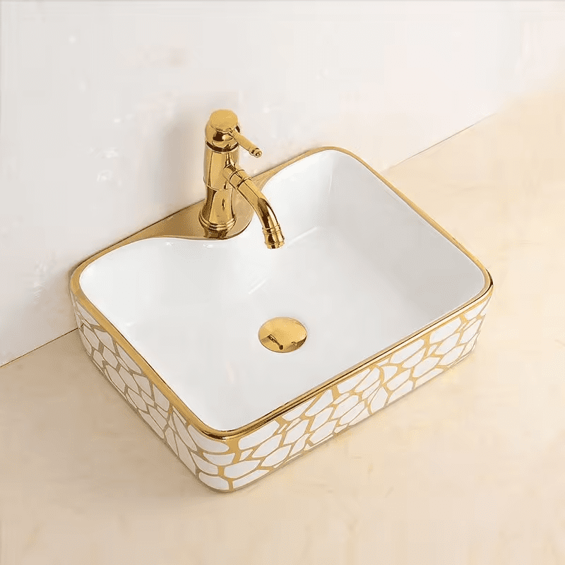 Luxury Porcelain Gold Basin Ceramic Modern Rectangular Countertop Art Hand Wash Sinks for Villa Luxury Porcelain Gold Basin Ceramic Modern Luxury Porcelain Gold Basin Ceramic Modern Rectangular Countertop Art Hand Wash Sinks for Villa