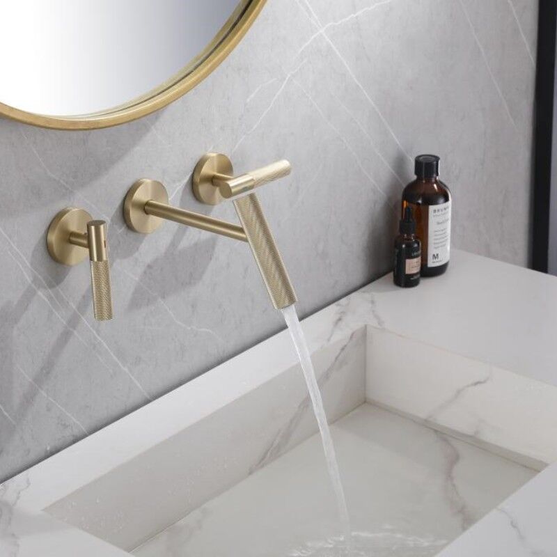 Modern Basin Mixer Faucet Wall Mounted Brushed Gold Vanity Faucet Dual Handle Brass Bathroom Sink Faucet Modern Basin Mixer Faucet Wall Mounted Brushed Modern Basin Mixer Faucet Wall Mounted Brushed Gold Vanity Faucet Dual Handle Brass Bathroom Sink Faucet