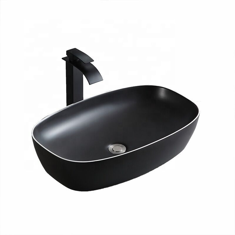Modern Design Above Counter Black Color White Line Vessel Sinks Bowl Ceramic Hand Wash Basin Matt Black Bathroom Sinks