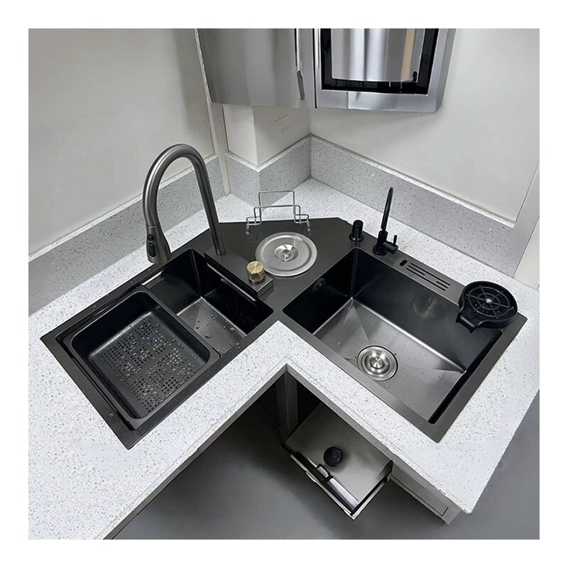 Modern Handmade Kitchen Sink Corner Vegetable Wash Basin Black Nano Multi Functional Sink Double Sink Modern Handmade Kitchen Sink Corner Vegetable Wash Modern Handmade Kitchen Sink Corner Vegetable Wash Basin Black Nano Multi Functional Sink Double Sink