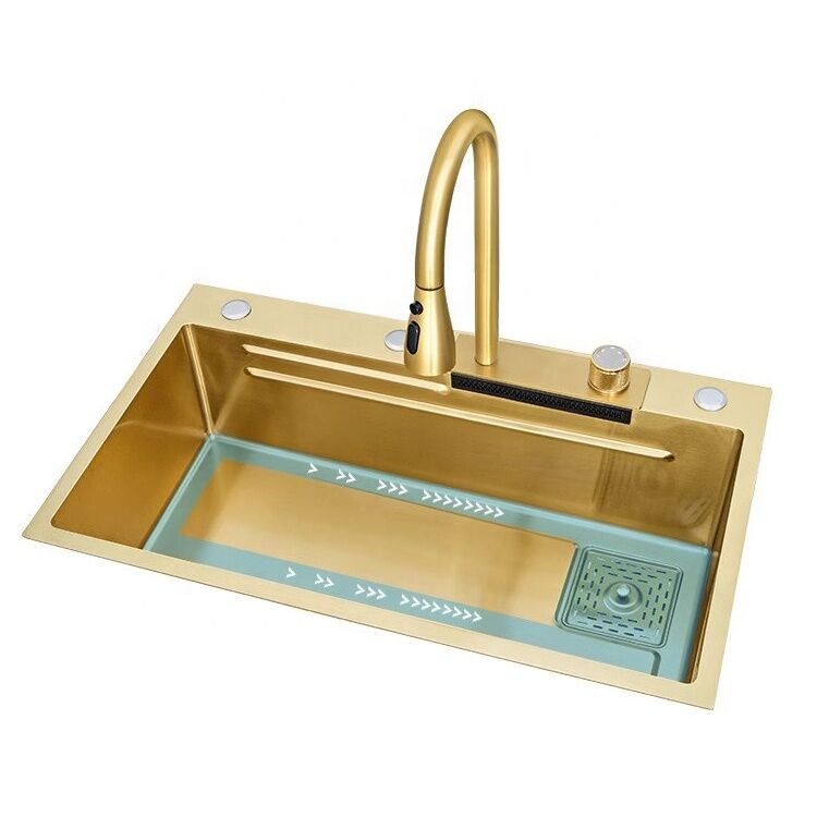 Nano Golden Handmade Thickened Stainless Steel Smart Kitchen Sinks Large Single Bowl Waterfall Kitchen Sink Nano Golden Handmade Thickened Stainless Steel Smart Nano Golden Handmade Thickened Stainless Steel Smart Kitchen Sinks Large Single Bowl Waterfall Kitchen Sink