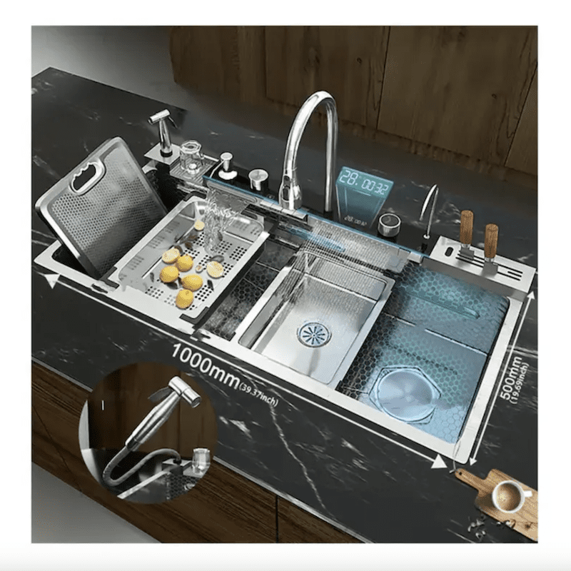 New Trending Customized Smart Kitchen Stainless Steel Sink Multifunction Waterfall Right Outlet Large Single Bowl Sink New Trending Customized Smart Kitchen Stainless New Trending Customized Smart Kitchen Stainless Steel Sink Multifunction Waterfall Right Outlet Large Single Bowl Sink