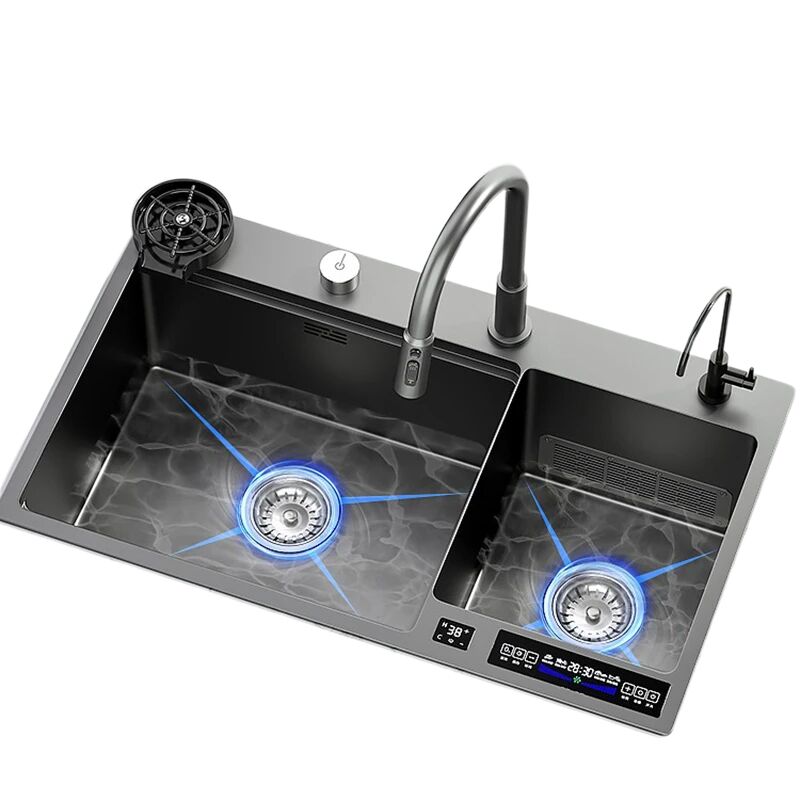 Newest Black Digital Display Touch Double Bowl Kitchen Sink with Cup Washer and Waterfall Faucet for Hotel Kitchen Newest Black Digital Display Touch Double Bowl Newest Black Digital Display Touch Double Bowl Kitchen Sink with Cup Washer and Waterfall Faucet for Hotel Kitchen