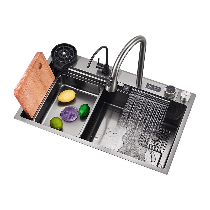 Single Bowl 18 Gauge 304 Stainless Steel Kitchen Sink with Digital Display Waterfall Faucet Undermount Design Single Bowl 18 Gauge 304 Stainless Steel Single Bowl 18 Gauge 304 Stainless Steel Kitchen Sink with Digital Display Waterfall Faucet Undermount Design