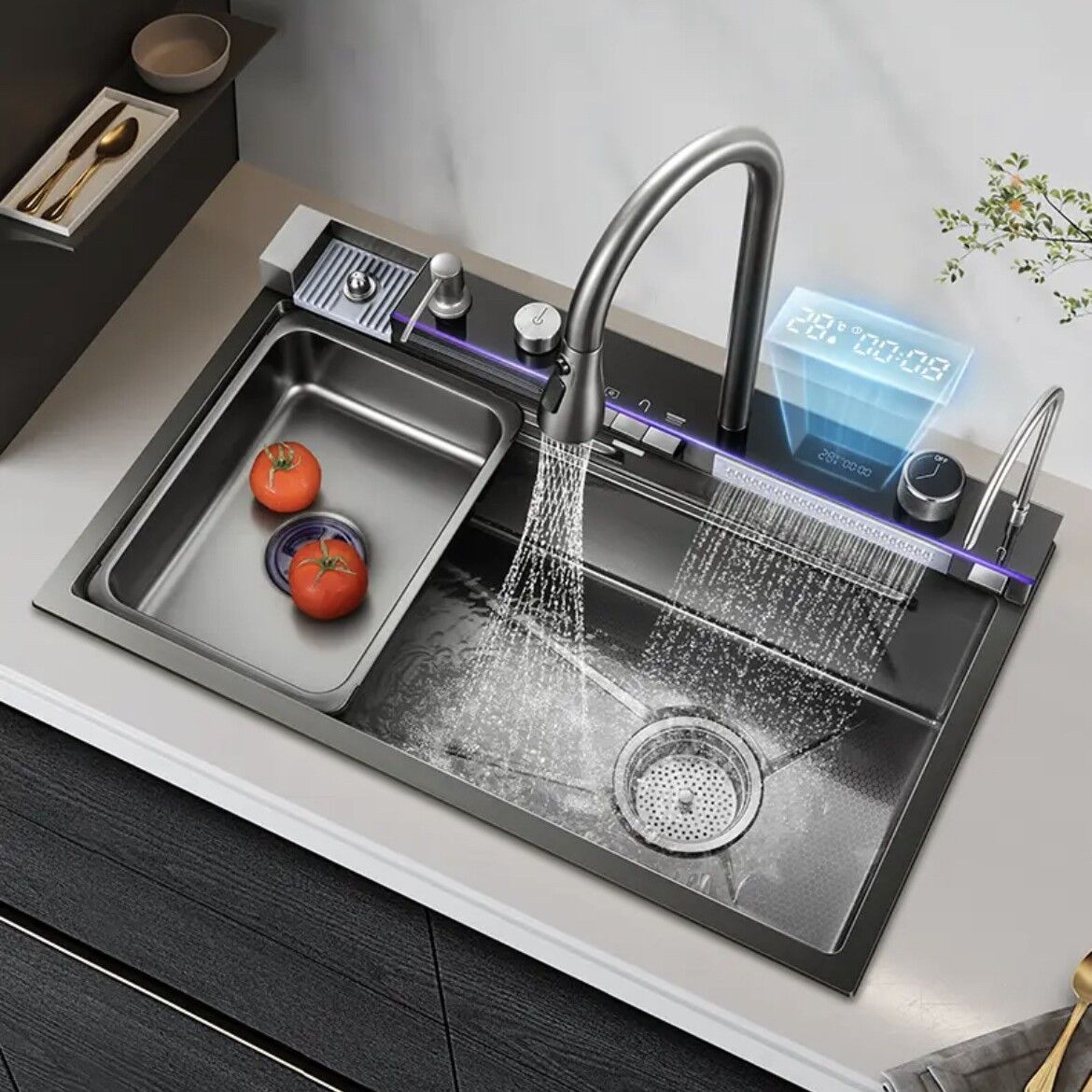 Smart Kitchen Sink Faucet Handmade Single Bowl Square Flying Rain Waterfall Nano Surface SUS304 Smart Kitchen Sink Faucet Handmade Single Bowl Smart Kitchen Sink Faucet Handmade Single Bowl Square Flying Rain Waterfall Nano Surface SUS304