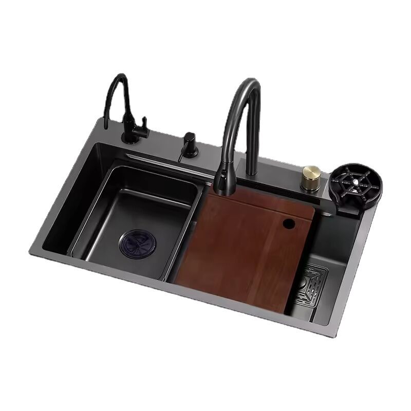 Stainless Steel Single Bowl Black Basin Sink with Kitchen Waterfall Faucet Single Drainage Plug Stainless Steel Single Bowl Black Basin Stainless Steel Single Bowl Black Basin Sink with Kitchen Waterfall Faucet Single Drainage Plug