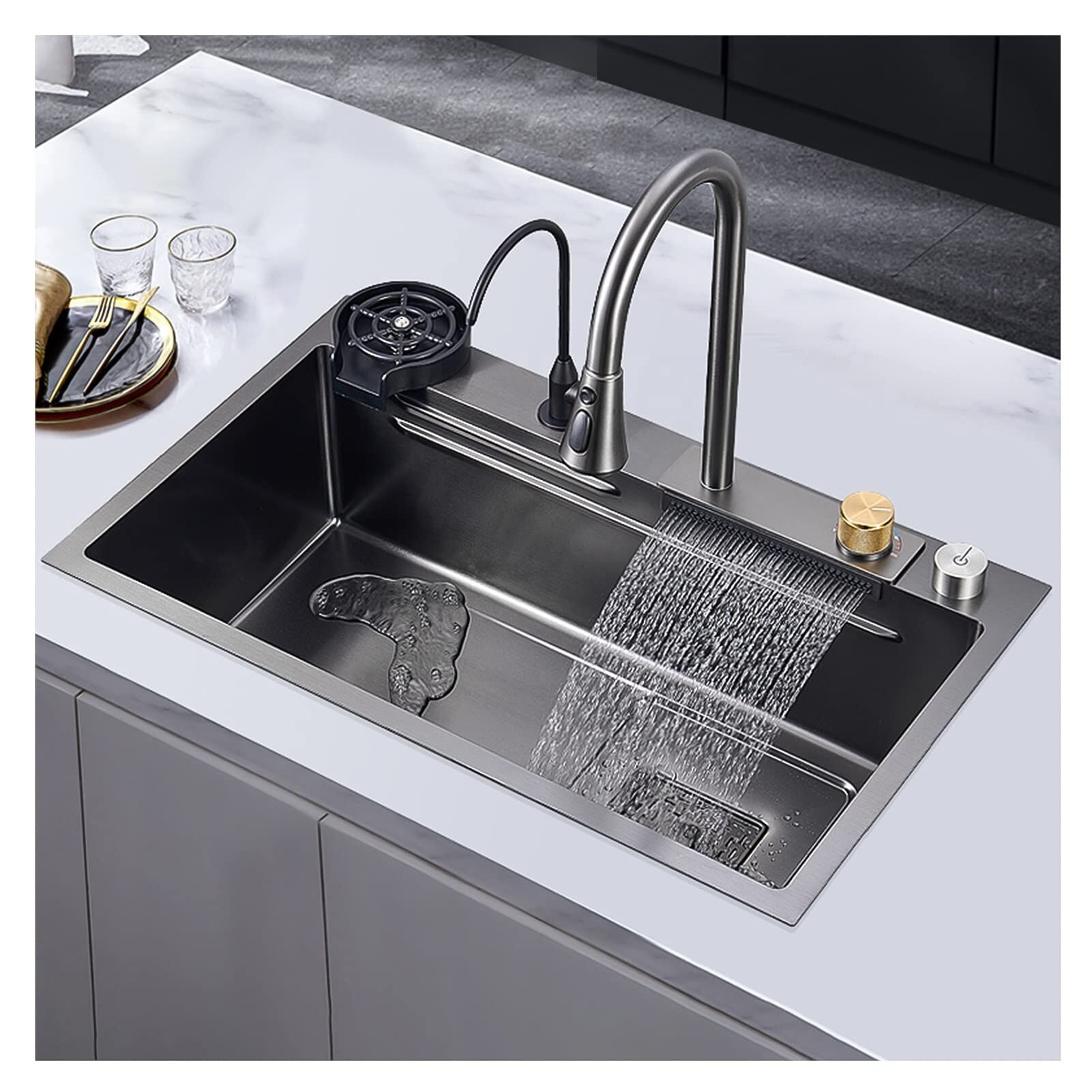 Stepped Kitchen Sink High and Low Step Wash Multi-function Large Handmade Sus304 Single Smart Kitchen Sink with Cup Washer Stepped Kitchen Sink High and Low Step Stepped Kitchen Sink High and Low Step Wash Multi-function Large Handmade Sus304 Single Smart Kitchen Sink with Cup Washer