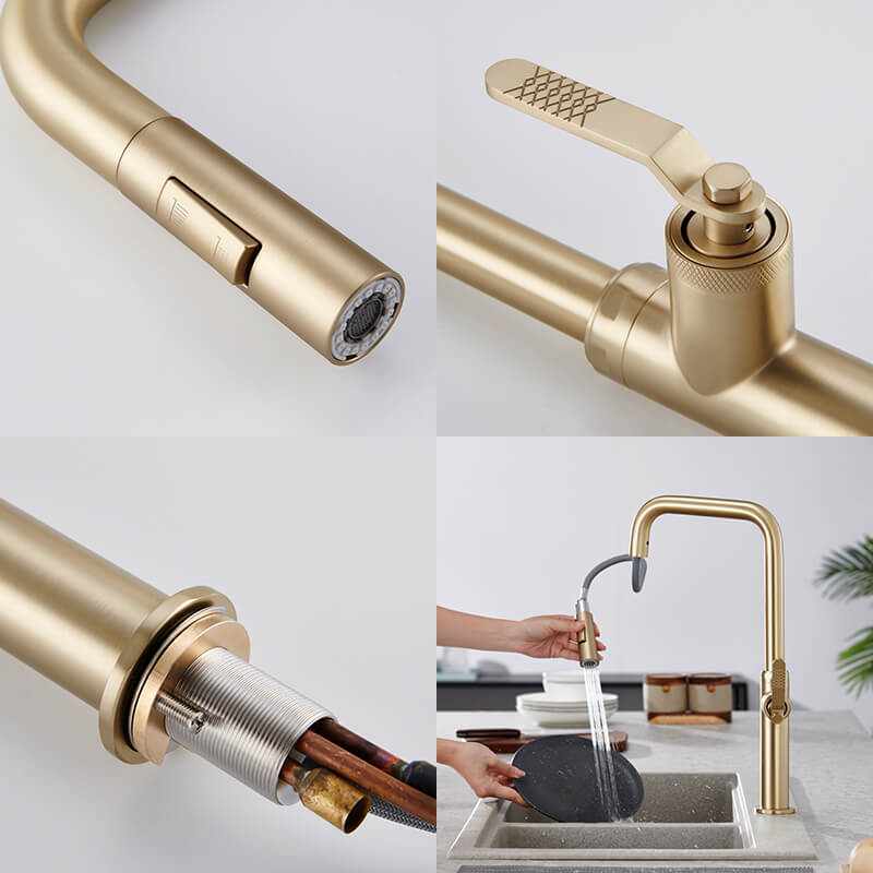 Commercial Kitchen Faucets Brushed Gold Pull out Kitchen Sink Faucets with pull down sprayer Faucets faucet ceramic cartridge Modern Gold kitchen cabinets Faucets brass water tap