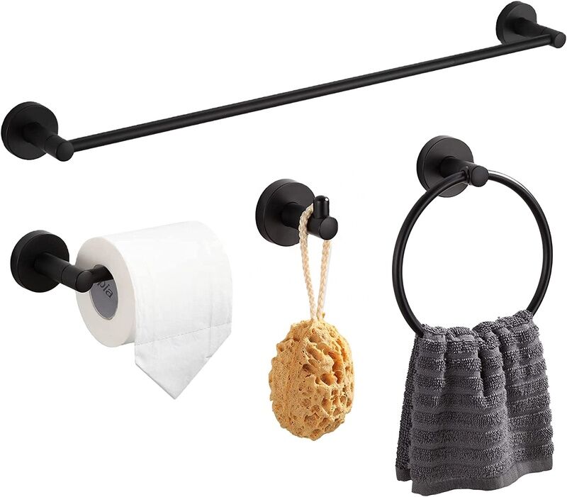 4 Pieces Matte Black Set Towel Bar Wall Mounted Modern Bathroom Accessories Hardware Set 4 Pieces Matte Black Set Towel 4 Pieces Matte Black Set Towel Bar Wall Mounted Modern Bathroom Accessories Hardware Set