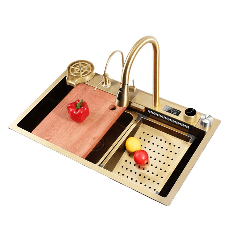 Gold Nano SUS 304 Stainless Steel Kitchen Sink Piano Digital Display Waterfall Faucet Counter Installation Single Bowl Square Gold Nano SUS 304 Stainless Steel Kitchen Gold Nano SUS 304 Stainless Steel Kitchen Sink Piano Digital Display Waterfall Faucet Counter Installation Single Bowl Square