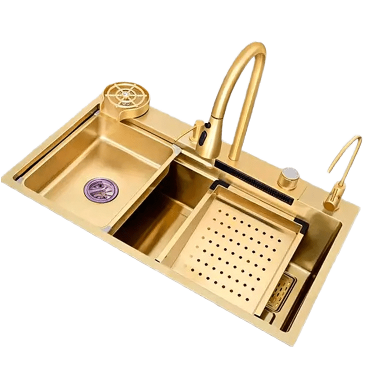 Golden Handmade Large Single Bowl Waterfall Kitchen Sink 304/201 Stainless Steel Thickened Smart Kitchen Sinks Golden Handmade Large Single Bowl Waterfall Kitchen Golden Handmade Large Single Bowl Waterfall Kitchen Sink 304/201 Stainless Steel Thickened Smart Kitchen Sinks