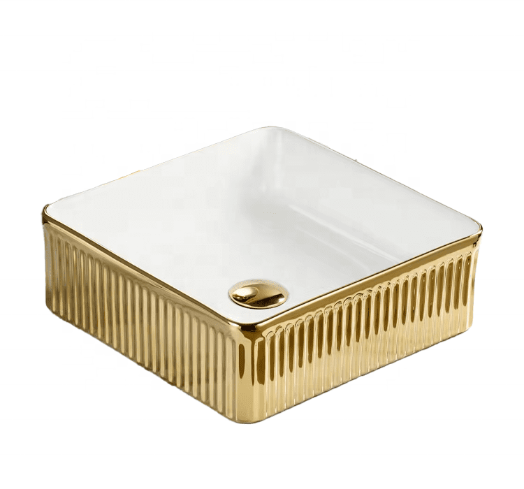Luxury Modern Above-Counter Small Bathroom Sink Square Gold-Plated Design Artificial Basin Luxury Modern Above Counter Small Bathroom Luxury Modern Above-Counter Small Bathroom Sink Square Gold-Plated Design Artificial Basin