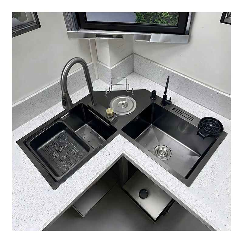 Modern Handmade Stainless Steel Triple Bowl Kitchen Sink Nano Multi-Functional Corner Vegetable Wash Basin Black Basin Counter Modern Handmade Stainless Steel Triple Bowl Kitchen 1 Modern Handmade Stainless Steel Triple Bowl Kitchen Sink Nano Multi-Functional Corner Vegetable Wash Basin Black Basin Counter