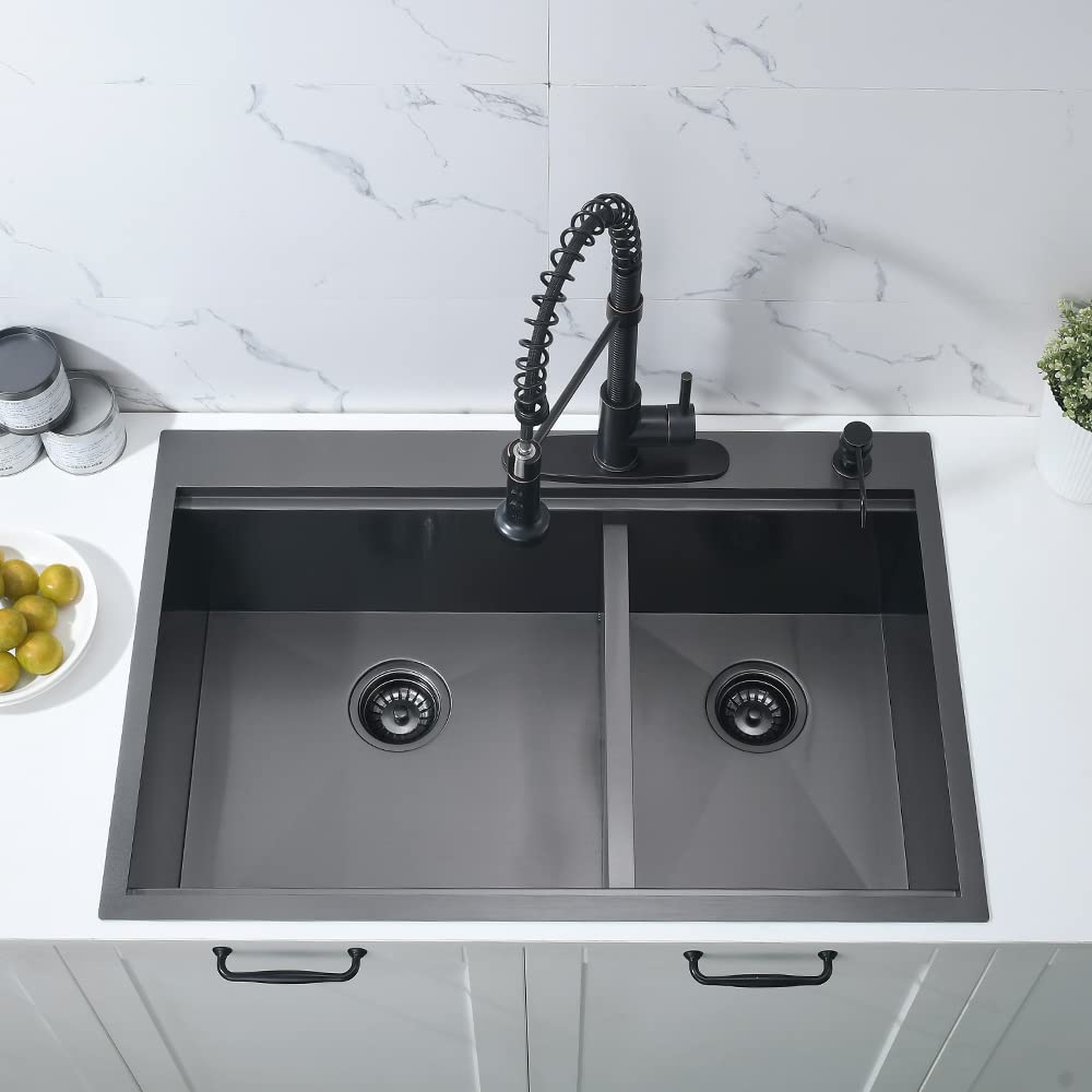 Stainless Steel Topmount Double Bowls Black Workstation Drop in Kitchen Sink Nano Black Deep Stainless Steel Topmount Double Stainless Steel Topmount Double Bowls Black Workstation Drop in Kitchen Sink