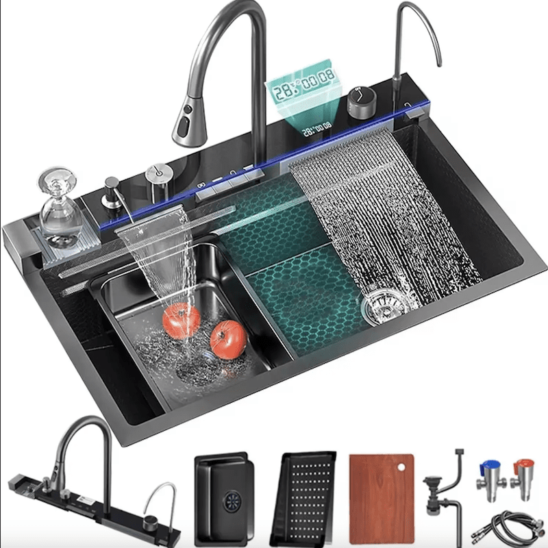Smart 304 Stainless Steel Black LED Waterfall Kitchen Sink with Multifunction & Cup Washer Smart 304 Stainless Steel Black LED Smart 304 Stainless Steel Black LED Waterfall Kitchen Sink with Multifunction & Cup Washer