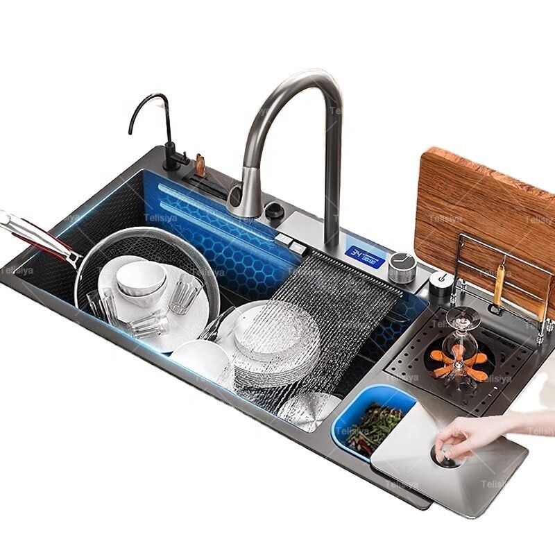 Kitchen Nano Stainless Steel Waterfall Sink with Pull-out Faucet and Kitchen Waste Bin for Hotel Kitchen Upgraded Black Kitchen Nano Stainless Steel Waterfall Kitchen Nano Stainless Steel Waterfall Sink with Pull-out Faucet and Kitchen Waste Bin for Hotel Kitchen