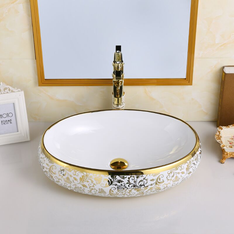 Wholesale Above Counter Lavabo Art Gold White Basin Glossy Wash Basin Luxury Ceramic Bathroom Sinks Wholesale Above Counter Lavabo Art Gold Wholesale Above Counter Lavabo Art Gold White Basin Glossy Wash Basin Luxury Ceramic Bathroom Sinks