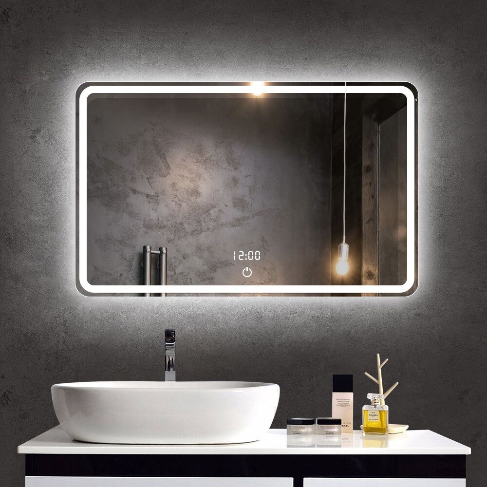 Miroir rectangulaire d'affichage de l'heure de style moderne pour salle de bains, miroir intelligent personnalisé avec désembueur rétro-éclairé par LED Miroir intelligent antibuée rétroéclairé à LED personnalisé