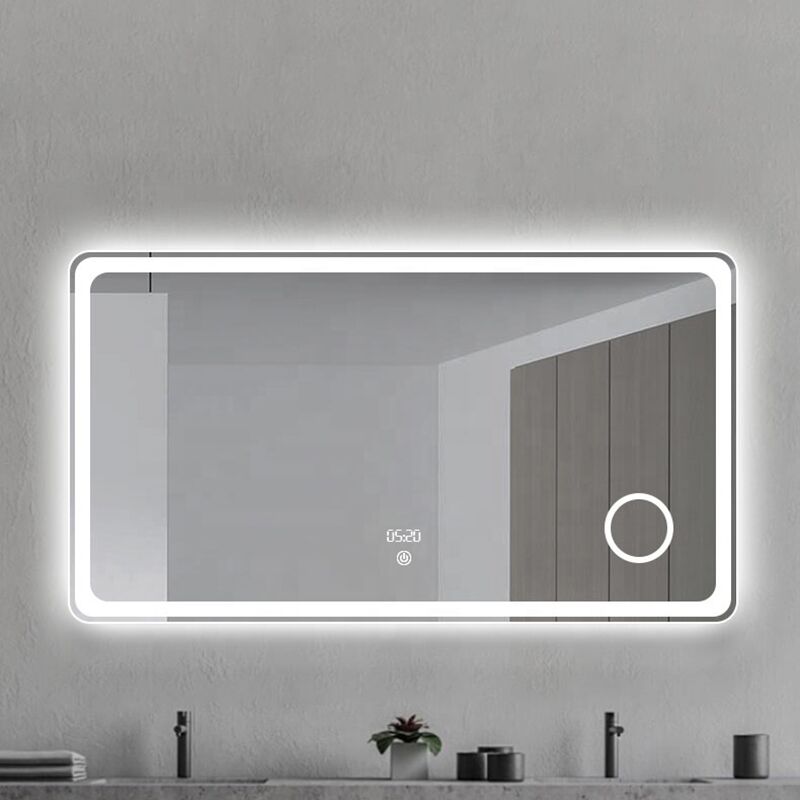 Miroir rectangulaire d'affichage de l'heure de style moderne pour salle de bains, miroir intelligent personnalisé avec désembueur rétro-éclairé par LED Miroir intelligent antibuée rétroéclairé à LED