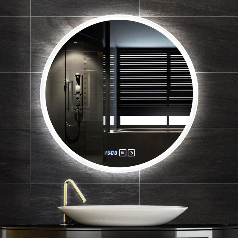 Miroir rectangulaire d'affichage de l'heure de style moderne pour salle de bains, miroir intelligent personnalisé avec désembueur rétro-éclairé par LED Miroir intelligent de salle de bain de forme ronde de style moderne avec affichage de l'heure