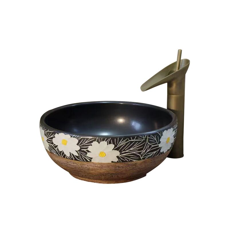 Classic Vintage Rose Lotus Brown Sanitary Ware Hand Painted Countertop Rustic Bathroom Sink Ceramic Wash Art Basin with Drainer