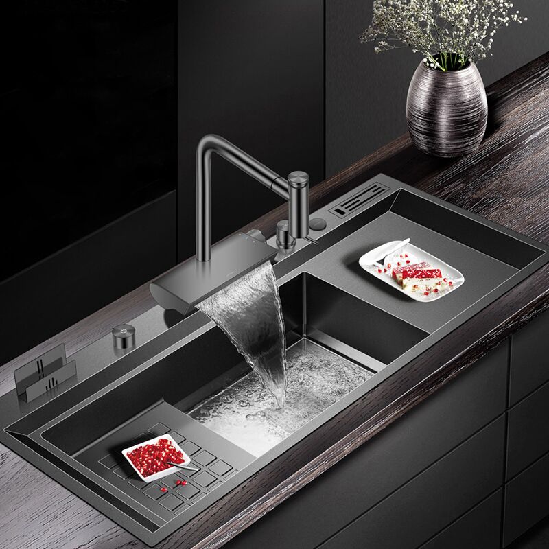 Handmade Single Bowl Waterfall Kitchen Sink Digital Black Step 304 Stainless Steel Square Shape with Faucet Included Handmade Single Bowl Waterfall Kitchen Sink Digital Handmade Single Bowl Waterfall Kitchen Sink Digital Black Step 304 Stainless Steel Square Shape with Faucet Included