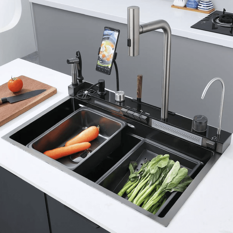 High Tech Stainless Steel Sink Single Bowl Black Kitchen Sink Digital Waterfall Faucet Single Bowl Smart Kitchen Sink High Tech Stainless Steel Sink Single High Tech Stainless Steel Sink Single Bowl Black Kitchen Sink Digital Waterfall Faucet Single Bowl Smart Kitchen Sink