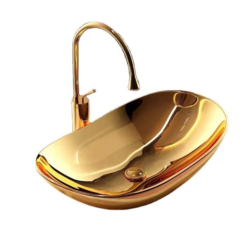 Hot Sale Luxury Lavatory Gold Color Ceramic Countertop Hand Wash Basin Vanity Washing Sinks for Bathroom