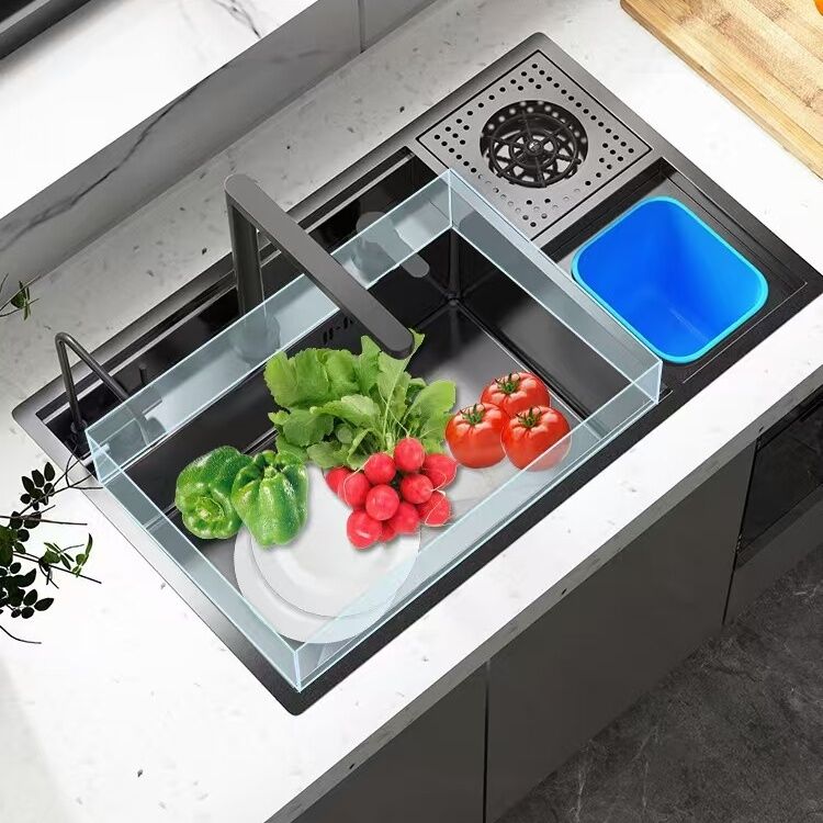 Smart Single Bowl Kitchen Sinks Stainless Steel Hidden Faucet Sink Kitchen with Cover Multifunction Black Above Counter Modern Smart Smart Single Bowl Kitchen Sinks Stainless Steel Hidden Faucet Sink Kitchen with Cover