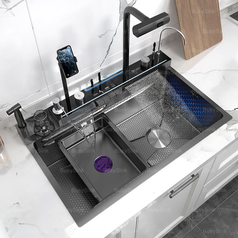 Kitchen Sink Has Rotary Waterfall Faucet and Intergrated Kitchen Sink with Mobile Phone Rest for Household Newest Multifunction Kitchen Sink Has Rotary Waterfall Kitchen Sink Has Rotary Waterfall Faucet and Intergrated Kitchen Sink with Mobile Phone Rest for Household